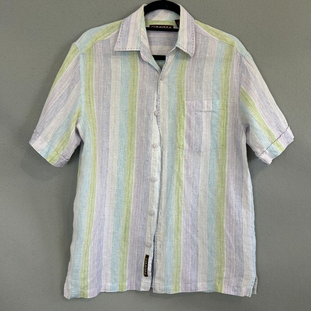 Cubavera 100% Linen Shirt Small Striped Short Sleeve Button Up Beach Casual Men